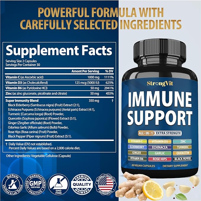 Immune Support Supplement 12 in 1 Complex with Vitamin C, D3, Zinc, Echinacea, Elderberry, Ginger, Turmeric. Immune Defend for Men & Women, Non-GMO, Gluten-Free, Vegan, USA