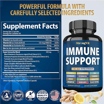 Immune Support Supplement 12 in 1 Complex with Vitamin C, D3, Zinc, Echinacea, Elderberry, Ginger, Turmeric. Immune Defend for Men & Women, Non-GMO, Gluten-Free, Vegan, USA