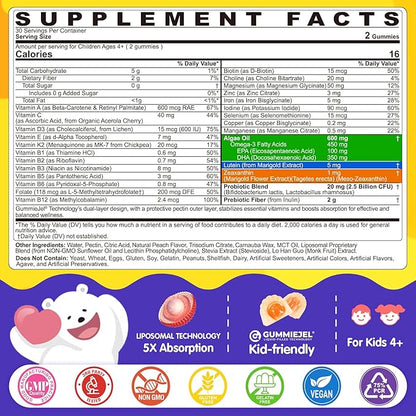 Kids Multivitamin Gummies with Iron, 450mg Algae Omega-3, Methylated B12, Folate, Fiber 2g, Probiotics, Magnesium, A, C, D, K, Zinc, Children Vitamins for Growth, Brain, Eye, Gut, Immune, Sugar Free