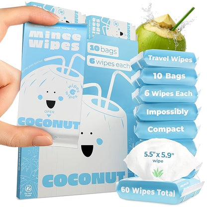 Impossibly Compact Travel Wipes - 99.5% Water - Safe for Sensitive Skin & Hypoallergenic, Resealable, Thick & Durable - For Adults, Kids & Baby Care - Coconut, 10 Pack Total 60 Wipes