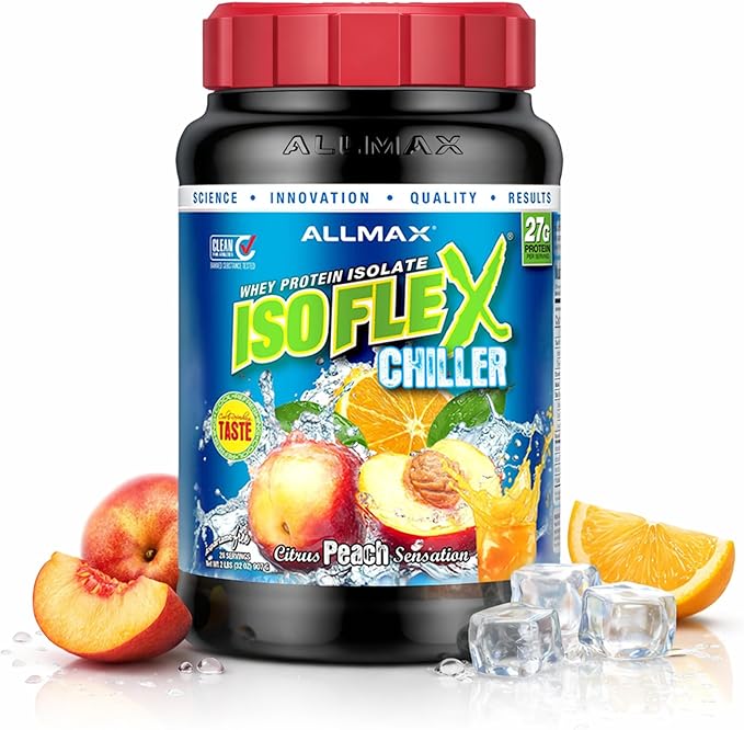 ALLMAX ISOFLEX Chiller Pure Whey Isolate Protein Powder – Gluten Free, Low Lactose, Sugar-Free – High-Protein, Clean, Keto-Friendly, Workout Supplement, Women and Men | Citrus Peach Sensation, 2lb