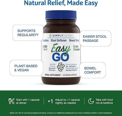 Simply Herbs Easy Go Bowel Mover - Adult Cleansing Supplement for Colon Health Support - Bowel Movement Aid - Stool Softener - Daily-Use Laxative - Plant-Based Ingredients - Vegan - 100 Count (2 Pack)