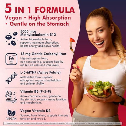 Methyl B12 Vitamins 5000mcg Gummies & Iron 18mg for Women, Men - Active Methylted B Complex Supplement w/L-Methylfolate, B6, D3 for Energy, Cognition, Focus, Immune - B12 with Iron Supplement, 2Pack