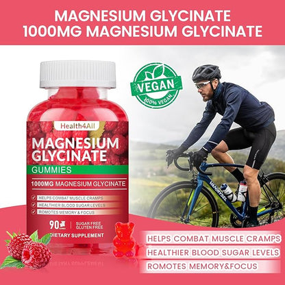 Magnesium Glycinate Gummies 1000mg, High Absorption Sugar Free Magnesium Potassium Supplement for Relaxation, Stress Relief, and Sleep Support for Adults & Kids - 180 Raspberry Gummies