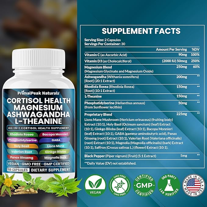 Cortisol Supplements for Women and Men with Magnesium, Ashwagandha, Rhodiola Rosea, L-Theanine for Cortisol Reducer, Stress Relief and Sleep Support Vegan Capsules - 60 Count
