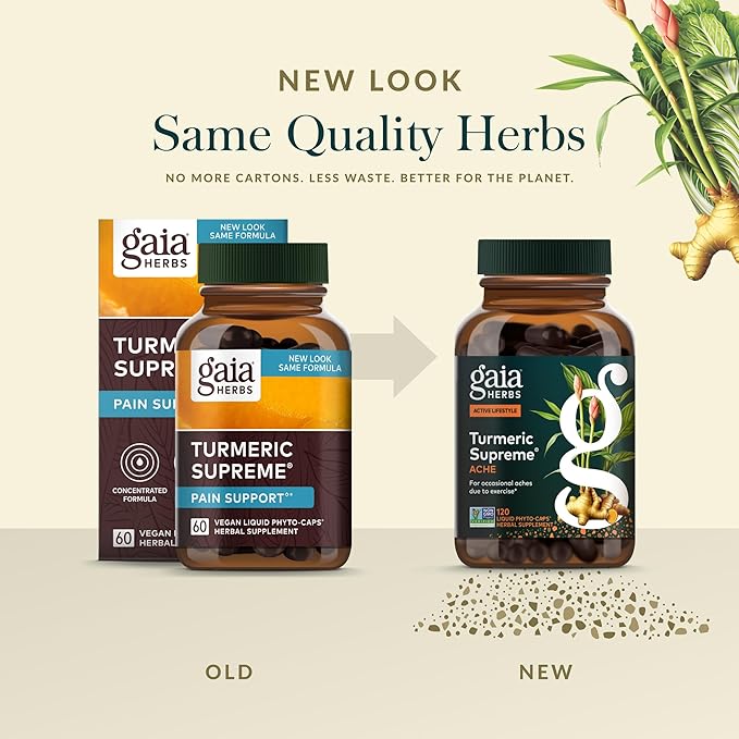 Gaia Herbs Turmeric Supreme Ache- Helps Provide Relief of Occasional Aches - with Turmeric Curcumin, Black Pepper, Devil’s Claw, Ginger, Feverfew & More - 120 Liquid Phyto-Capsules(60-Day Supply)
