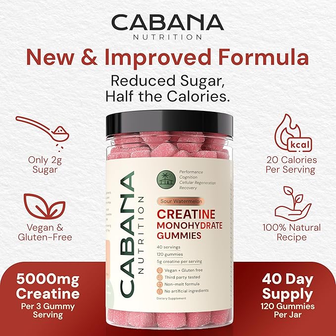 Creatine Monohydrate Gummies 5g - Only 2g Sugar, Made in USA - Sour Watermelon Flavor - Vegan & 3rd Party Tested - Pre & Post Workout Supplement for Women and Men (120 Count, 40 Servings)