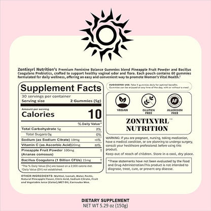 Premium Feminine Balance Gummies Women - Pineapple Gummies for Women pH Probiotic and Immune Support Vegan Gluten Free 60 Gummies 30 Servings