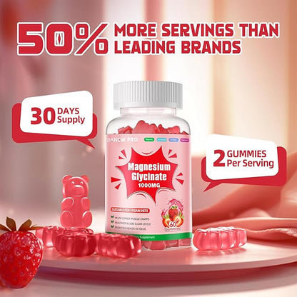 Magnesium Glycinate Gummies 1000mg - Sugar Free Magnesium Potassium Supplement with Vitamin D, B6, CoQ10 for Calm Mood & Sleep Support - 120 Strawberry Gummies