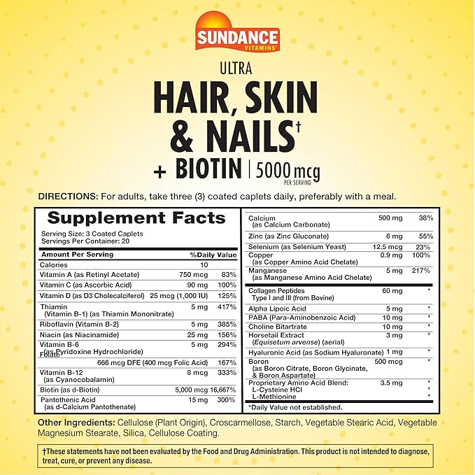 Sundance Hair, Skin & Nails Vitamins | 5000mcg | 60 Coated Caplets | with Biotin and Collagen | Non-GMO & Gluten Free Supplement