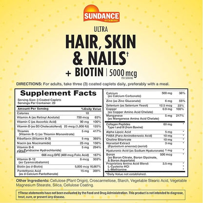 Sundance Hair, Skin & Nails Vitamins | 5000mcg | 60 Coated Caplets | with Biotin and Collagen | Non-GMO & Gluten Free Supplement