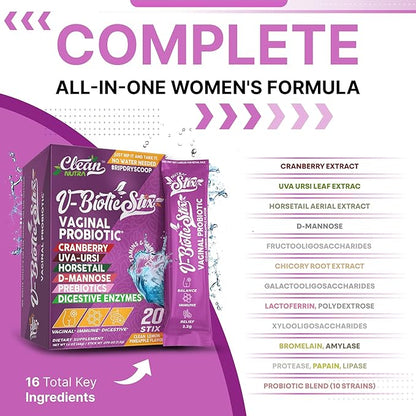 Clean Nutraceuticals Vaginal Probiotics for Women with Cranberry Extract, D-Mannose, Prebiotics, pH Balance for Women, Vaginal Health – Womens Probiotic Alternative to Gummies - 20 Stix