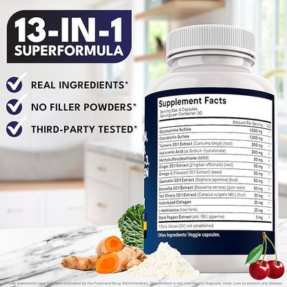 Glucosamine Chondroitin, MSM, Turmeric Curcumin, Collagen, Hyaluronic Acid, Omega 3 – Health Supplement for Men & Women – 240 Count