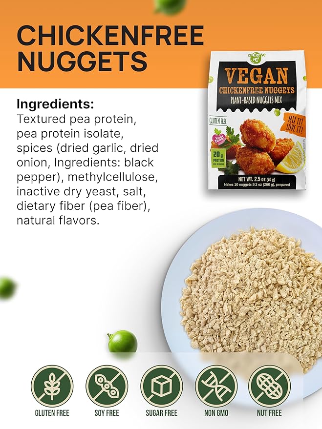 Creative Pea Chickenfree Nuggets Mix 4-Pack | Plant-Based Crispy Bites | High-Protein Shelf-Stable Pea Protein | Just Add Water & Oil | Quick Vegan Meal Kit | Gluten-Free | 4 x 65g