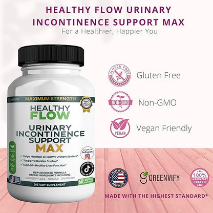Healthy Flow Urinary Incontinence Support Max, 60 Veggie Capsules, Cranberry Juice Hibiscus Dandelion Formula, 30 Day Supply (2)