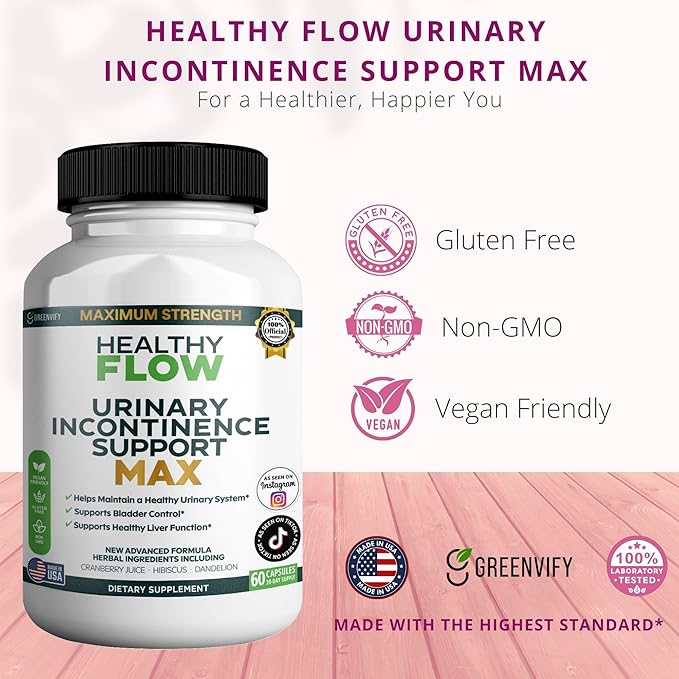 Healthy Flow Urinary Incontinence Support Max, 60 Veggie Capsules, Cranberry Juice Hibiscus Dandelion Formula, 30 Day Supply (5)