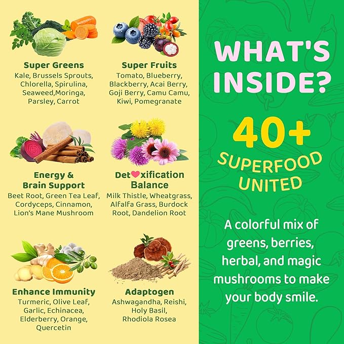 Greens Gummies for Picky Teens & Adults - Greens Superfood Multivitamin Gummies w/ 40+ Fruits & Veggies, Lutein, Enzymes & Fiber, Supergreen Chews for Immunity, Energy, Digestion, Gut & Vision, 1 Pack