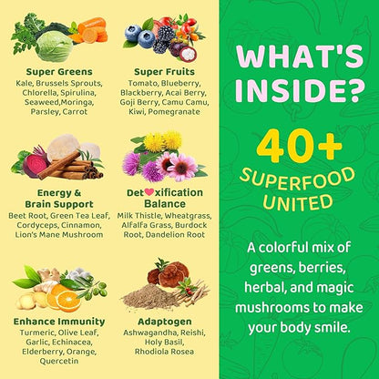 Greens Gummies for Picky Teens & Adults - Greens Superfood Multivitamin Gummies w/ 40+ Fruits & Veggies, Lutein, Enzymes & Fiber, Supergreen Chews for Immunity, Energy, Digestion, Gut & Vision, 1 Pack