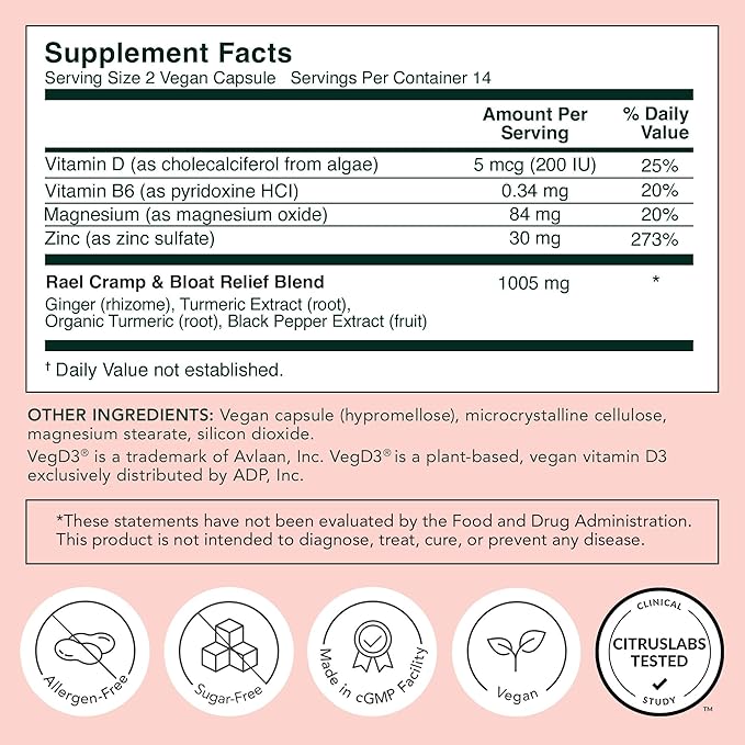Rael PMS Supplement, Hormone Balance for Women, Relief from Menstrual Cramps with Turmeric, Ginger, Magnesium (28 Capsules)