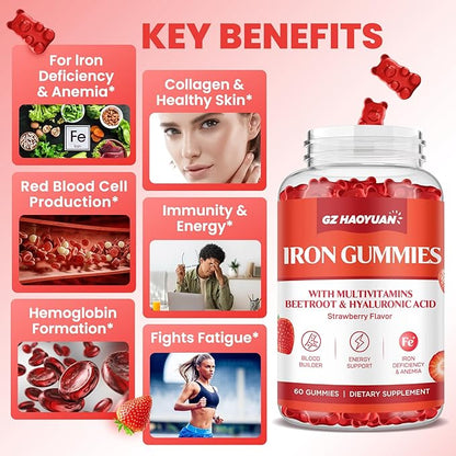 Iron Gummies for Women & Kids - Iron Supplement Gummies with Multivitamin for Blood Builder, Energy, Iron Deficiency & Anemia - Sugar Free Vegan Strawberry 60 ct