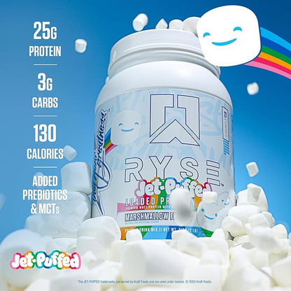 Ryse Loaded Protein Powder - Jet-Puffed Marshmallow - 25g Whey Protein Isolate & Concentrate with Prebiotic Fiber & MCTs - Low Carb, Low Sugar, Digestive-Friendly - 54 Servings / 4 lb Tub