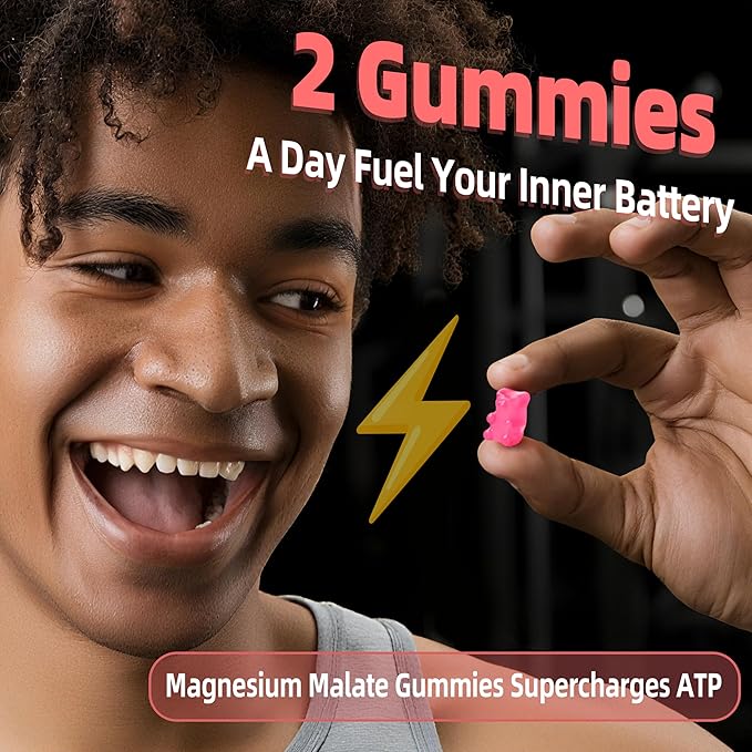 Magnesium Malate Gummies 1000mg | Magnesium Malate with L-Theanine, CoQ10 & Vitamin B6 | High Potency Stress Relief & Muscle Support | Non-GMO, Vegan, Gluten-Free | 60 Chewable