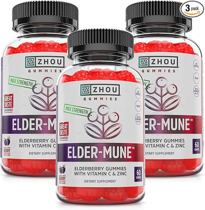 ZHOU Elder-Mune Elderberry Gummies - Black Elderberry Vitamin C, & Zinc, Daily Immune Support Supplement for Women & Men, Natural Chews for Adults & Children 4 & Up - 60 Gummies (3 Pack)