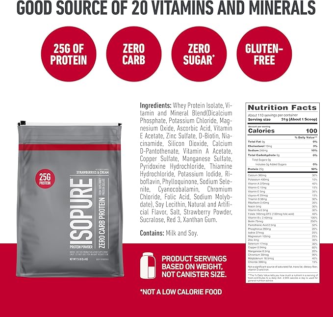 Isopure Zero Carb 100% Pure Whey Isolate Protein Powder, Gluten Free, With Vitamins, Strawberries & Cream, 25g Protein Per Serving, 7.5 Lbs, 110 Servings (Packaging May Vary)