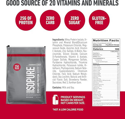 Isopure Zero Carb 100% Pure Whey Isolate Protein Powder, Gluten Free, With Vitamins, Strawberries & Cream, 25g Protein Per Serving, 7.5 Lbs, 110 Servings (Packaging May Vary)