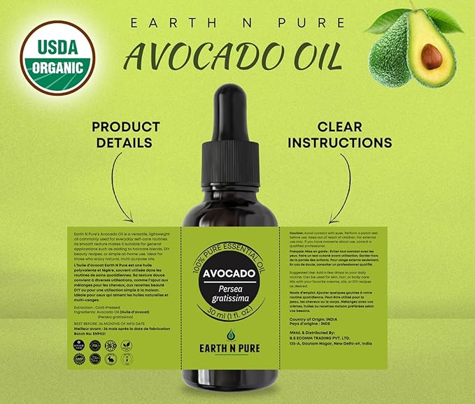 Earth N Pure Avocado Oil Cold Pressed, Natural and Therapeutic Grade for Hair and Skin - 100 ml