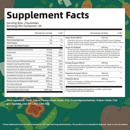61-in-1 Supergreens Daily Gummies for Women and Men, Multivitamin Superfood Gummy with Probiotics for Metabolic, Energy, and Digestive Health, Sugar Free, Green Apple Flavor, 60 Count