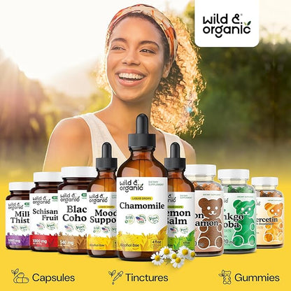 Wild & Organic Chamomile Flowers Drops - Add to Tea for Relaxation Support - 500 mg Chamomile Extract Liquid Drops - Calming Herbal Supplement - 56-Day Supply - Vegan, Sugar & Alcohol-Free - 4 fl oz