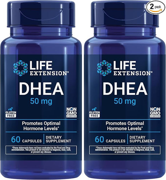 Life Extension DHEA 50 mg – Hormone Balance Supplement, Memory, Muscle Mass and Bone Density Support, Healthy Sex Drive, Gluten-Free, Non-GMO, 60 Capsules (Pack of 2)