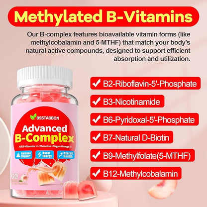 Organic Methylated Vitamin B Gummies: Natural Complex Supplement with B1 B2 B3 B5 B6 B7 B9 B12 Plus D3 Zinc Magnesium Ashwagandha Omega3 - Energy Support for Work Adults Women Men(120Count)