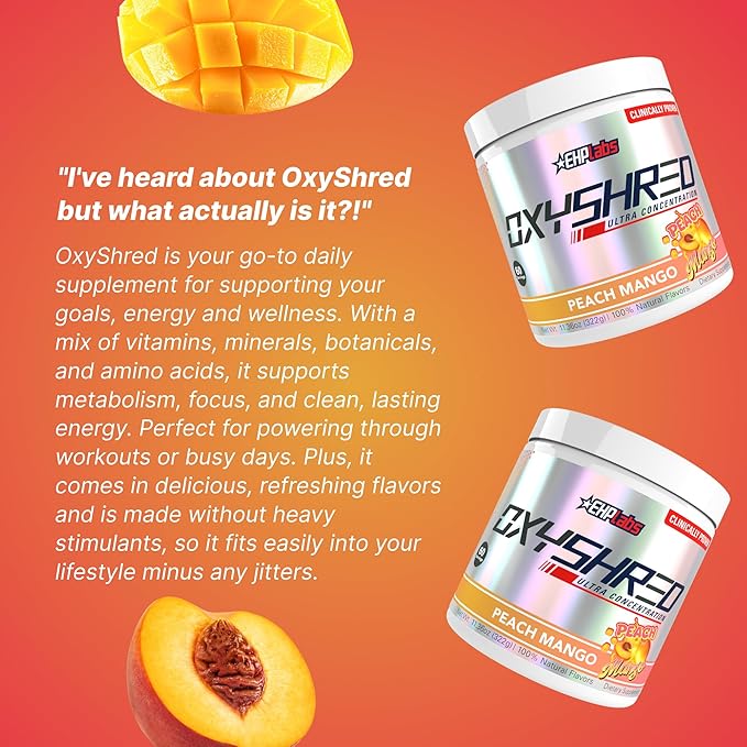 EHP Labs OxyShred Pre Workout Powder - Preworkout Powder with L Glutamine & Acetyl L Carnitine, Energy Boost Drink - Peach Mango, 60 Servings