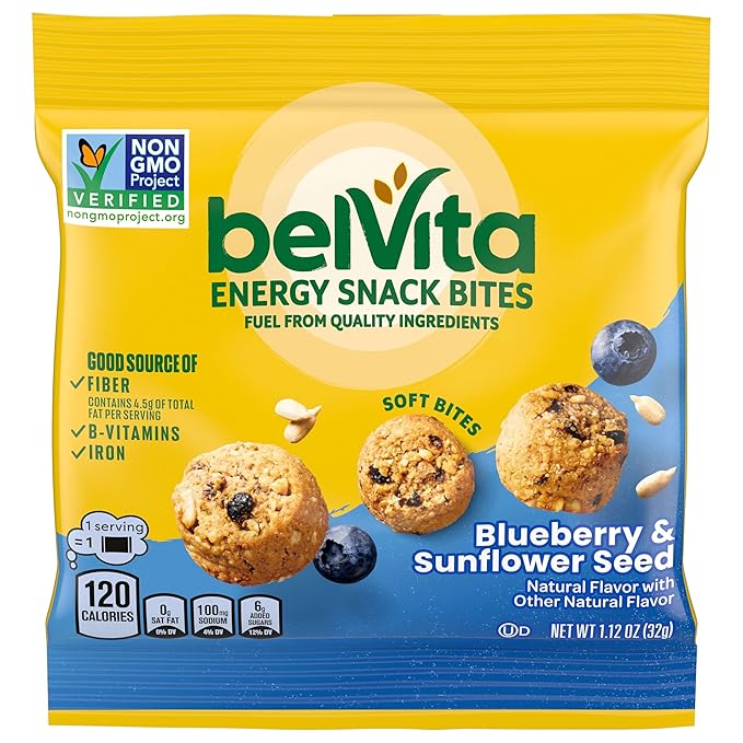 belVita Energy Snack Bites Variety Pack, Banana Dark Chocolate & Sunflower Seed, Blueberry & Sunflower Seed, 15 Snack Packs