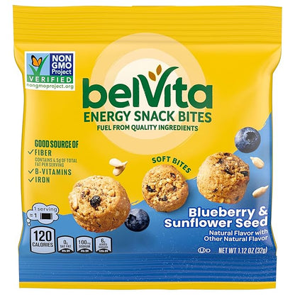 belVita Energy Snack Bites Variety Pack, Banana Dark Chocolate & Sunflower Seed, Blueberry & Sunflower Seed, 15 Snack Packs