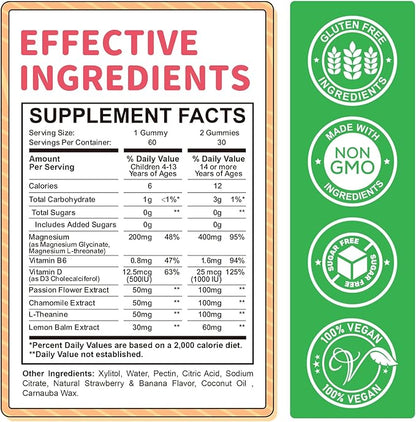 Magnesium Gummies for Kids - Magnesium Glycinate Gummies with L-Theanine, Vitamin B6, D3 for Kids & Adults Sleep, Calm, Relaxation, Brain, Bones, Muscle Relief, Sugar Free Banana & Strawberry 60ct