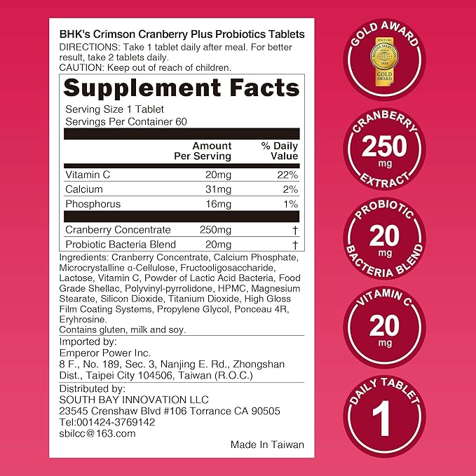 BHK's Patented Cranberry Probiotics for Women - 34:1 Concentrated Extract with PACs - Supports Urinary Tract & Vaginal Health, pH Balance & Odor Control - Bio-Shield® Timed-Release - 60 Tablets