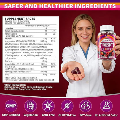 3 Packs-Magnesium Complex Gummies for Women Men，16 in 1 Calm Magnesium Gummy with Glycinate Citrate Malate Taurate - Ashwagandha, L-Theanine, D3&Zinc for Relaxation, Sleep, Muscle&Heart Support, Berry