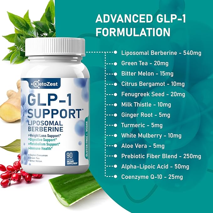GLP-1 Support Weight Loss Supplement - 15-in-1 GLP1 Support for Weight Management Appetite Suppressant Fat Burn for Women Men - with Liposomal Berberine HCl Bitter Melon Citrus Bergamot