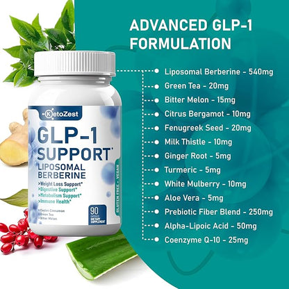 GLP-1 Support Weight Loss Supplement - 15-in-1 GLP1 Support for Weight Management Appetite Suppressant Fat Burn for Women Men - with Liposomal Berberine HCl Bitter Melon Citrus Bergamot