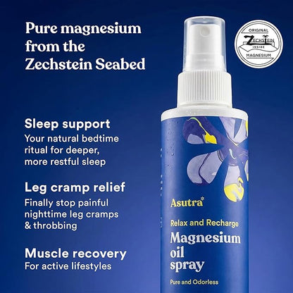 ASUTRA Pure Zechstein Magnesium Oil Spray 4 oz - Topical Magnesium for Feet, Sleep & Leg Cramps - Concentrated Formula for Sensitive Skin - Less Sting Less Itch