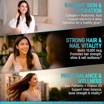 Liquid Biotin for Hair Growth Women & Men 10000mcg | Biotin and Collagen Supplements with Saw Palmetto & Hyaluronic Acid | Biotin Drops for Hair Growth with Vitamin D3 for Hair Skin and Nails