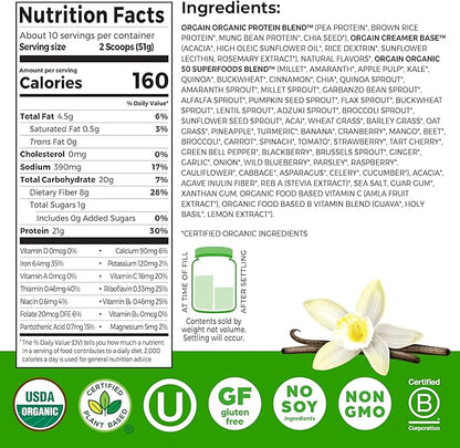 Orgain Organic Vegan Protein + 50 Superfoods Powder, Vanilla Bean - 21g Plant Based Protein, 8g Prebiotic Fiber, No Lactose Ingredients, Gluten Free, No Added Sugar, 1.12 lb (Packaging May Vary)