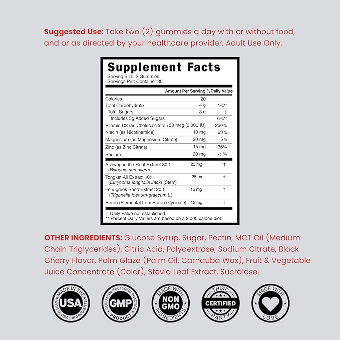 Testosterone Gummies for Men (60 Count) Testosterone Supplement for Men - Premium Test Booster - Support Strength, Stamina, Drive & Performance - Third Party Tested, Non-GMO, Vegan Safe & Made in USA