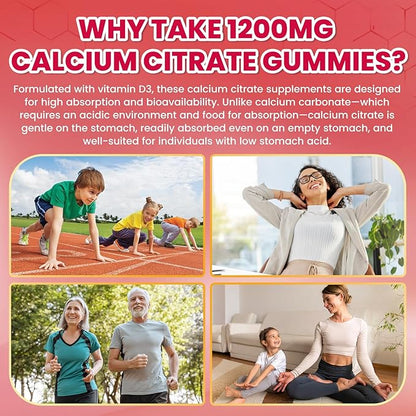 Calcium Citrate Gummies - 1200mg Calcium Gummies Supplements for Women & Men with Vitamin D3, K2, Magnesium, Zinc High Absorption for Bone, Muscle & Immune Support, Strawberry Flavor, 60 Count