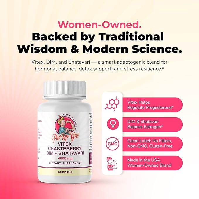 Pin Up Girl Vitex Chasteberry + DIM & Shatavari – Hormonal Balance Supplement for Women – Supports Hormonal Balance, Cycle Health & Reproductive Wellness – 4600mg - 60 Capsules (3-Pack)