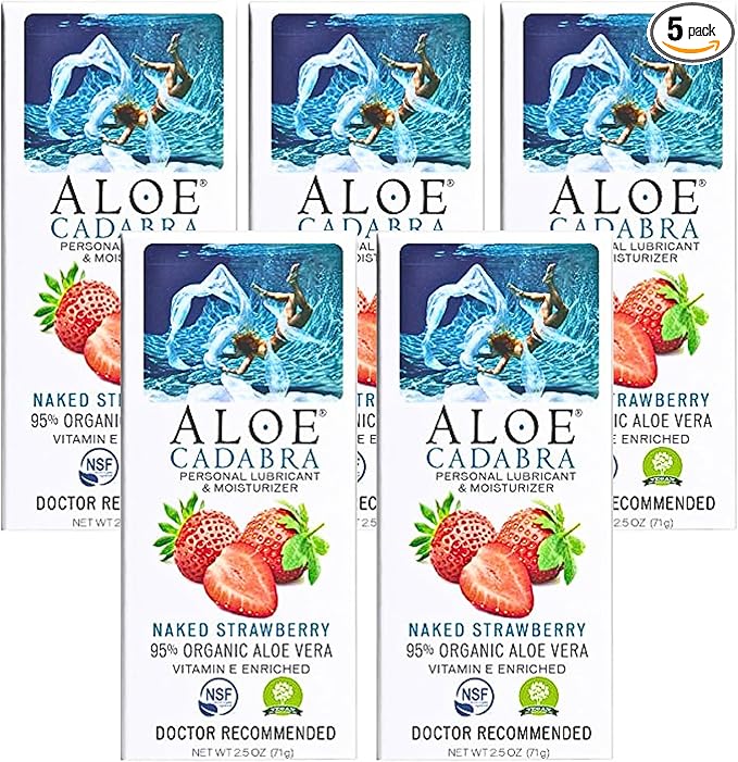 Aloe Cadabra Flavored Personal Lubricant and Vaginal Moisturizer, Organic Edible Aloe Lube for Men, Women and Couples, Non-Staining, pH Balanced, Toy Compatible (Strawberry, 2.5 Ounces, 5 Pack)