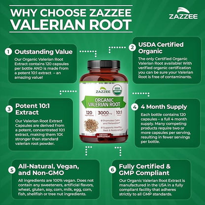 Zazzee USDA Organic Valerian Root 10:1 Extract, 120 Vegan Capsules, 4 Month Supply, Valeriana Officinalis, Relaxation, Calm & Mood Support, All-Natural, Non-GMO, Made in the USA